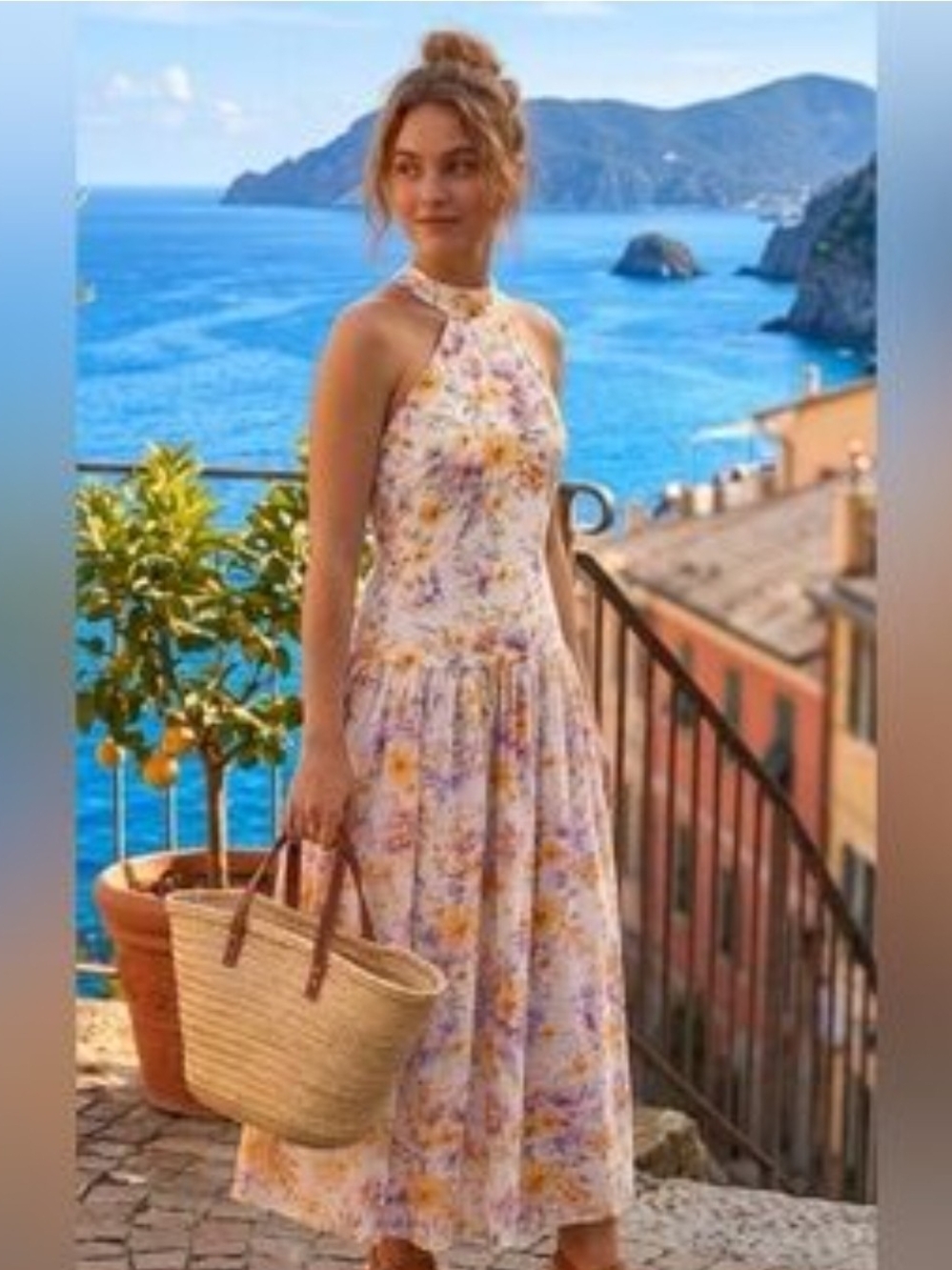 Aqua Blu Pastel Floral Halter Maxi Dress